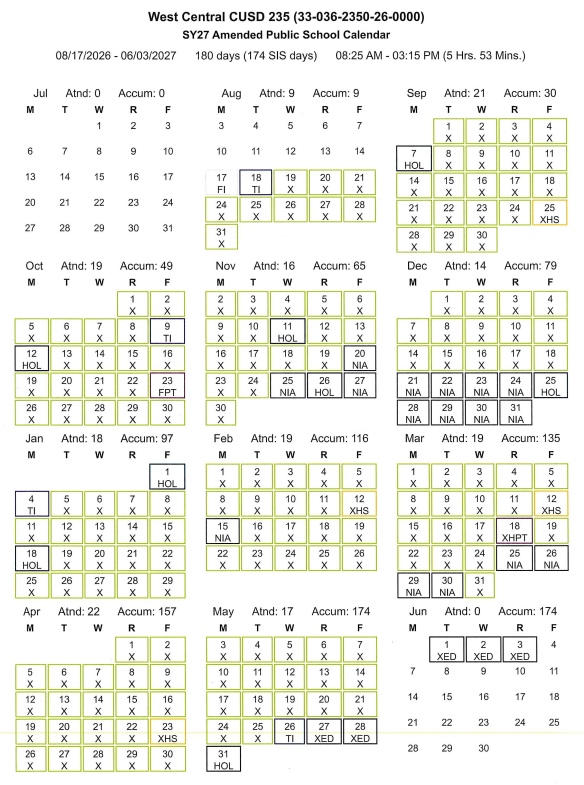 2026-2027 West Central District #235 School Year Calendar